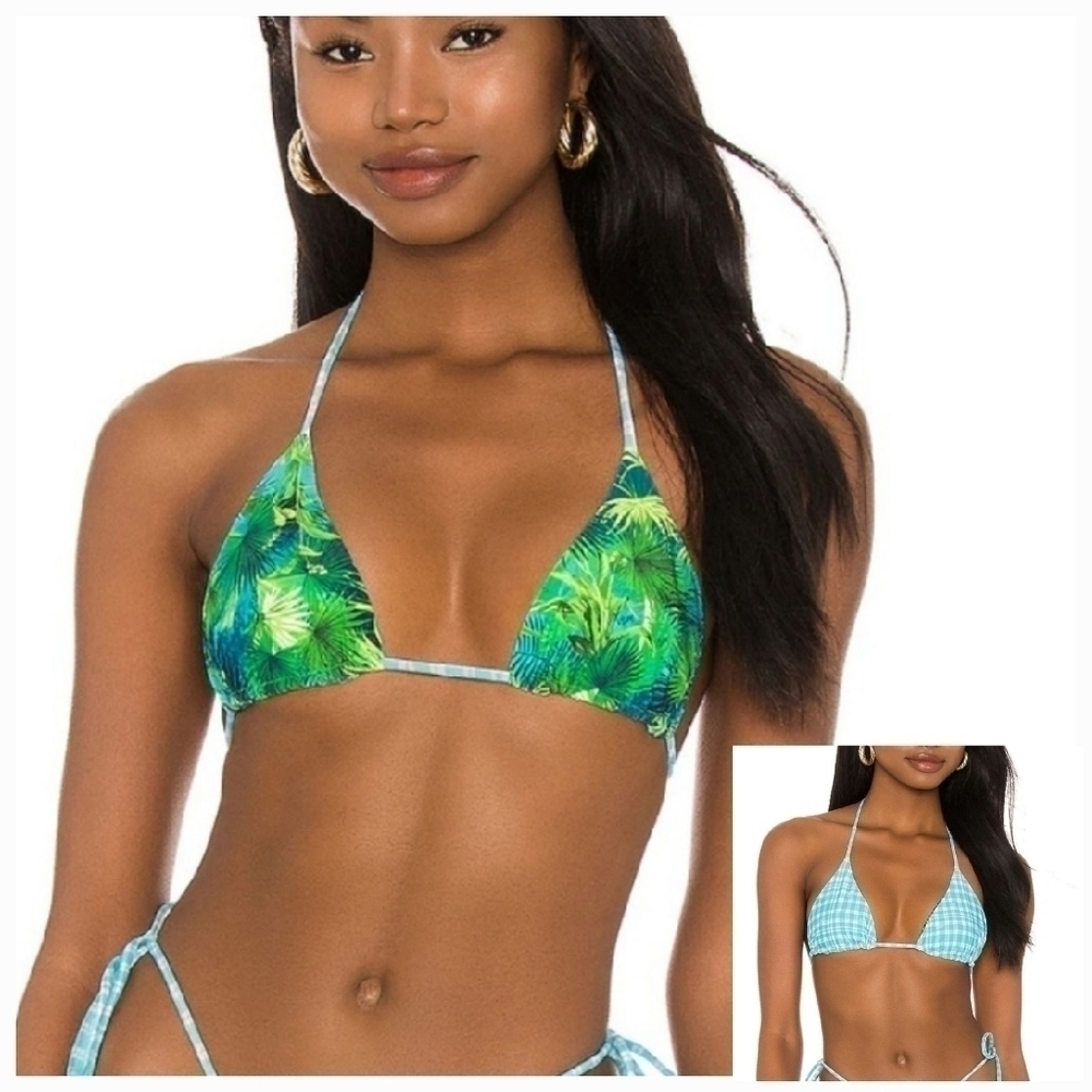 Dolls Kill VDM Reversible Tropical Palm Tree Plaid Triangle Bikini Top Sz Small